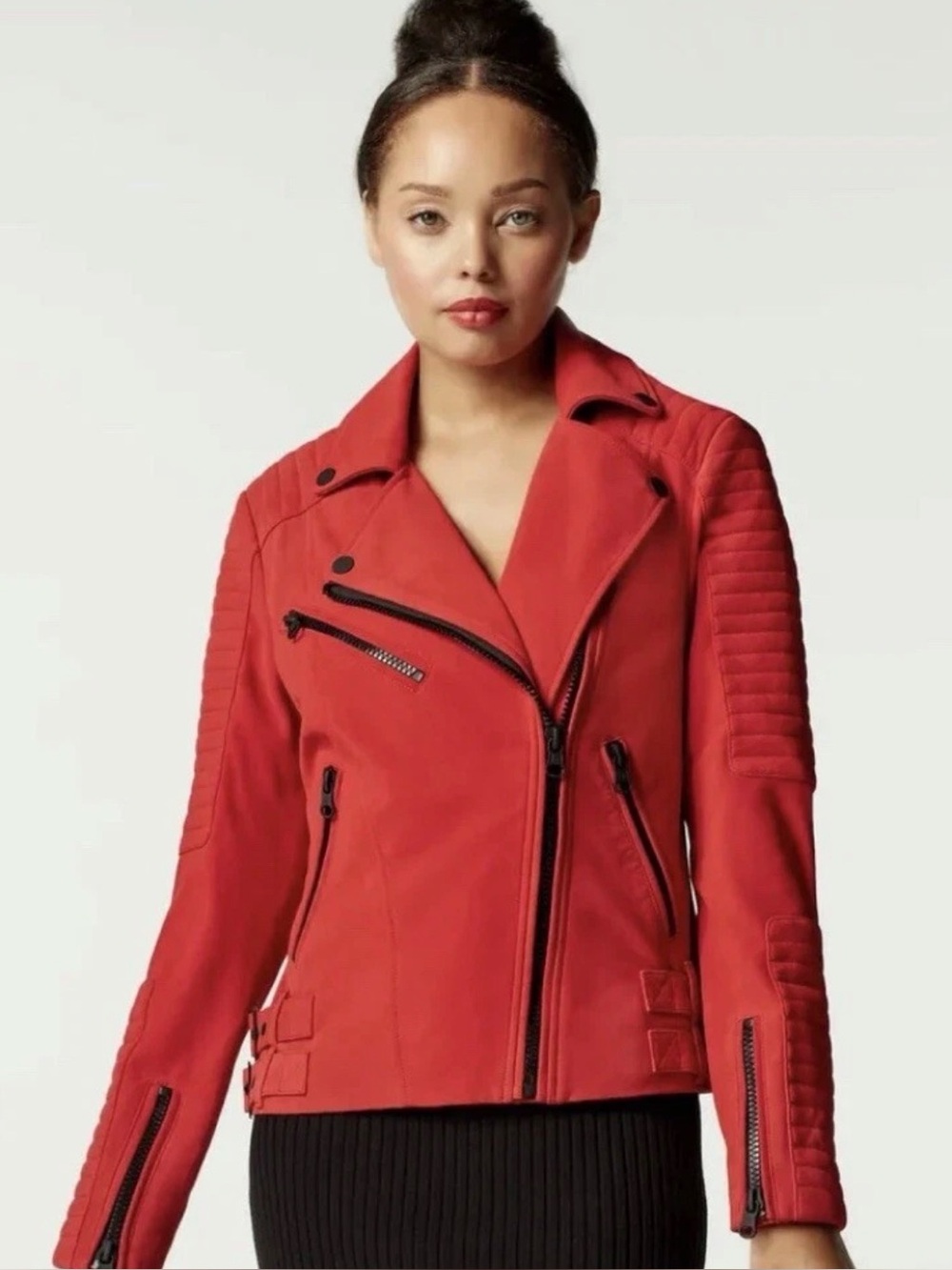 Blanc Noir CHERIE SUEDE MOTORCYCLE JACKET Coat Women's Small HAUTE RED